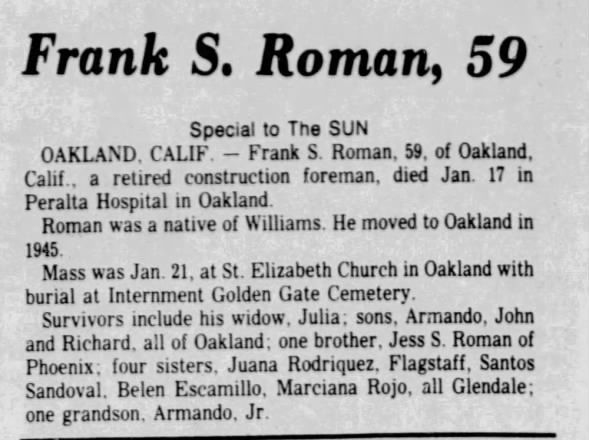 Obituary for Frank S. Roman (Aged 59)
